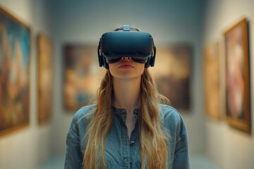 a woman wearing VR glasses, experiencing the art of the exhibition hall. The woman immersed in a virtual art gallery with multiple classical paintings in the background