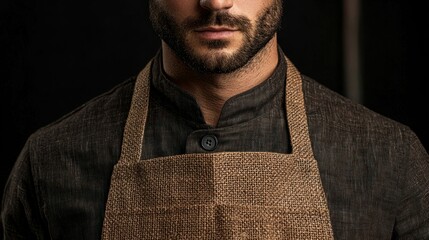 Man in a chef's uniform with brown apron against dark background, neck up