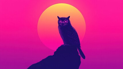 Obraz premium Retro Owl Sunset Silhouette with Gradient Art.