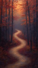 Winding Autumn Path Through Forest with Warm Light and Colorful Leaves