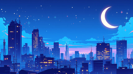 Naklejka premium 1980年代風レトロポップなネオンの都市夜景イラスト・満月とピンクの雲が広がる幻想的な都会の背景素材・ノスタルジックでエモーショナルな未来都市風景・青い夜空・美しい街並み・夜の都市