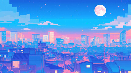 1980年代風レトロポップなネオンの都市夜景イラスト・満月とピンクの雲が広がる幻想的な都会の背景素材・ノスタルジックでエモーショナルな未来都市風景・青い夜空・美しい街並み・夜の都市