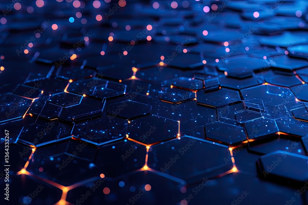 Poster abstract hexagonal grid with glowing points. complex, structured surface with illuminated hexagonal 