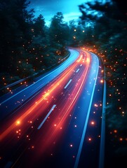 Winding Road Through Forest with Light Streaks at Night