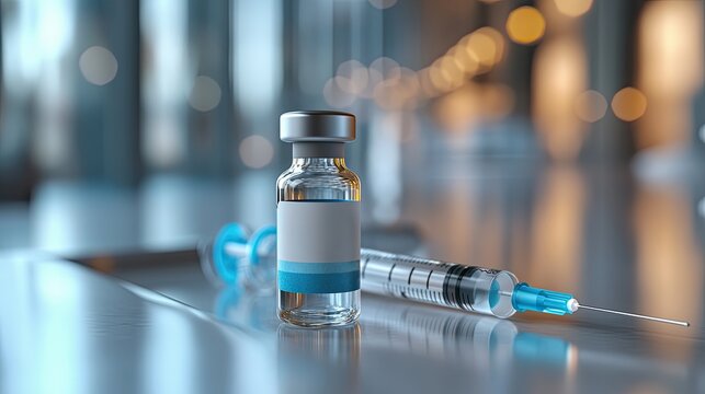 A close up shot featuring a vaccine vial and syringe