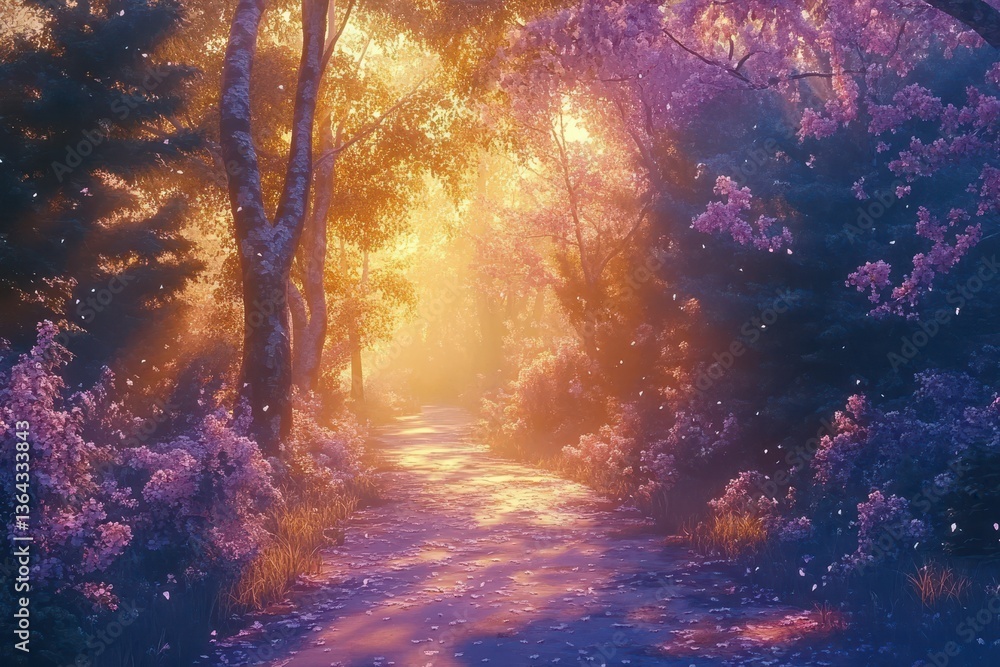 Poster enchanting path with spring blossoms and sunlight shining through the trees. use as background for i