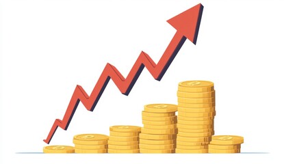 A cartoon vector illustration of an arrow pointing upwards, moving from left to right and surrounded by stacks of gold coins.