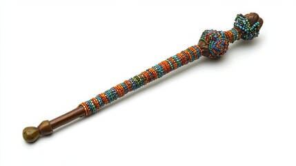A long wooden staff adorned with colorful beaded detailing