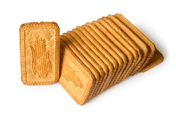 Lots of rectangular cookies on a white background. Cookies with the image of corn.