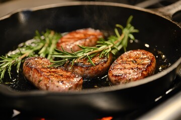 Sizzling sausages cook in a hot cast iron skillet with fresh rosemary sprigs. Use for articles on cooking, recipes, food blogs, or marketing meat products.