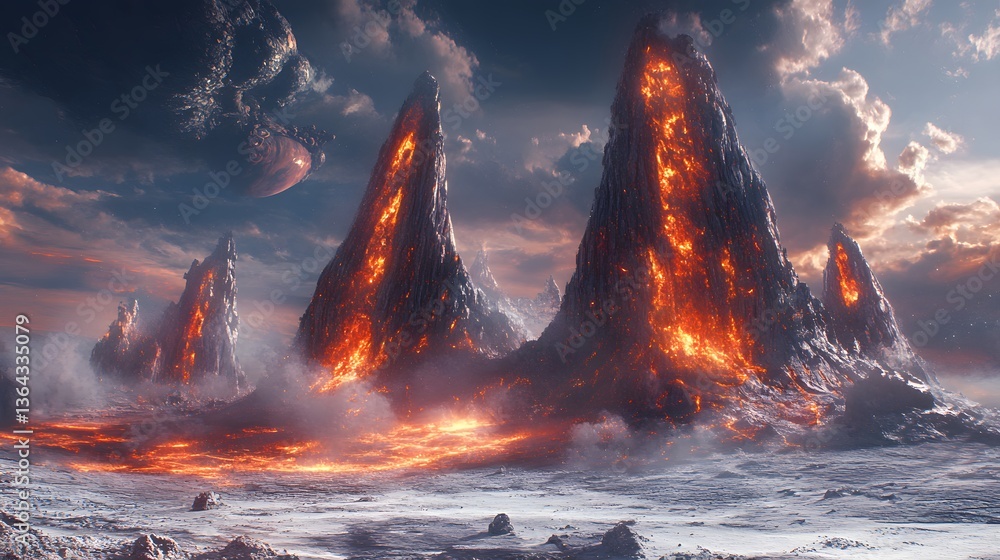 Poster futuristic mountain landscape featuring flowing lava and a dynamic abstract representation of alien 