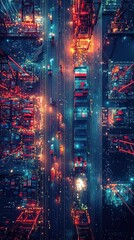 Fototapeta premium Aerial view captures illuminated busy shipping port at night