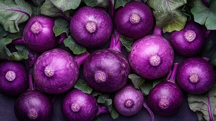 A vibrant display of purple turnips surrounded by fresh green leaves.