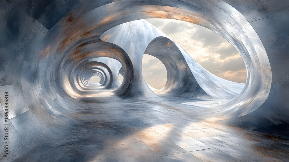 Poster enigmatic tunnel leading towards a vast sky filled with clouds and light creating a sense of infinit