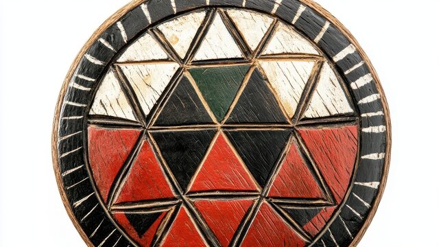 A Circular Wooden Artwork Featuring Geometric Triangular Patterns