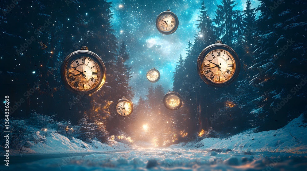 Aufkleber enigmatic snowy landscape featuring floating clocks in a futuristic cosmic setting with whimsical el