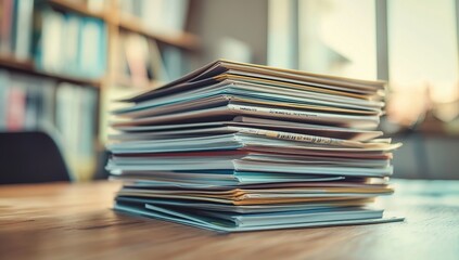 Fototapeta premium High Stack of Papers and Notebooks on Wooden Desk