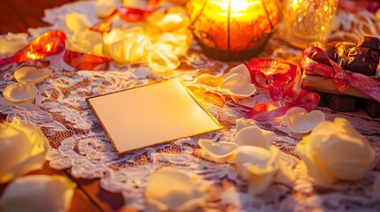 Romantic Valentine s Day Invitation Card Mockup with Rose Petals and Candles