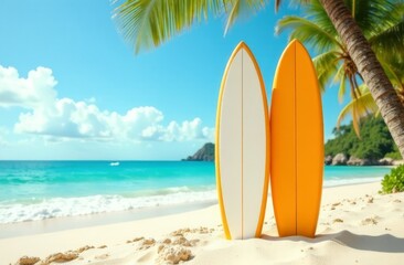 A traveler's dream. A sea azure beach with white sand and luxurious palm trees and surfboards.