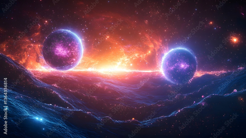 Poster two planets suspended in the sky against a backdrop of a futuristic cosmic environment with parallel