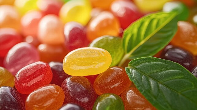 Colorful assortment of jelly beans and leaves