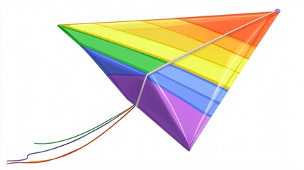 Colorful triangle kite with rainbow bands & strings on white background