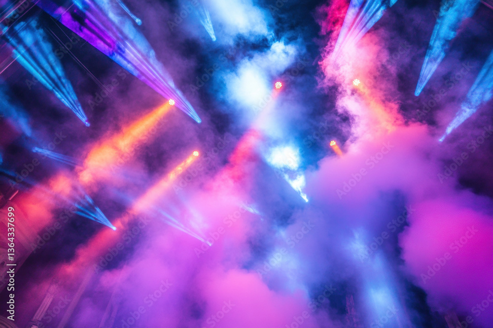 Poster abstract blue and purple glowing background with rays, stars, and fractal patterns, creating a color