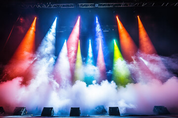 Colorful lights shining at a night concert with smoke and lasers creating a vibrant party atmosphere