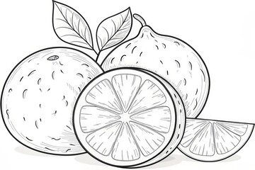 Fresh citrus fruits illustrated with leaves and slices, showcasing vibrant textures. Outline for coloring.