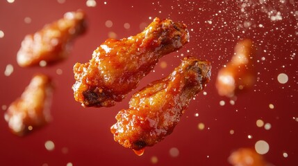 Glazed chicken wings levitate against a vibrant red backdrop with bokeh effects. Perfect for food blogs, restaurant ads, and spicy recipe promotions.