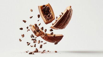 Sliced cacao pod with scattered nibs on a white background