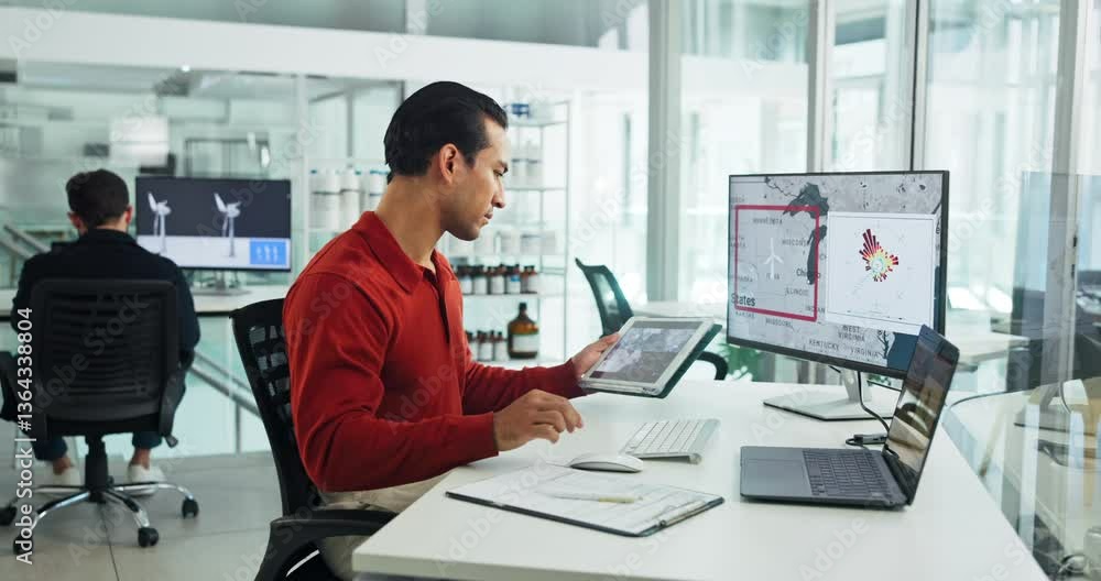 Poster engineer, tablet and man writing in office with map for wind turbine, checklist or renewable researc