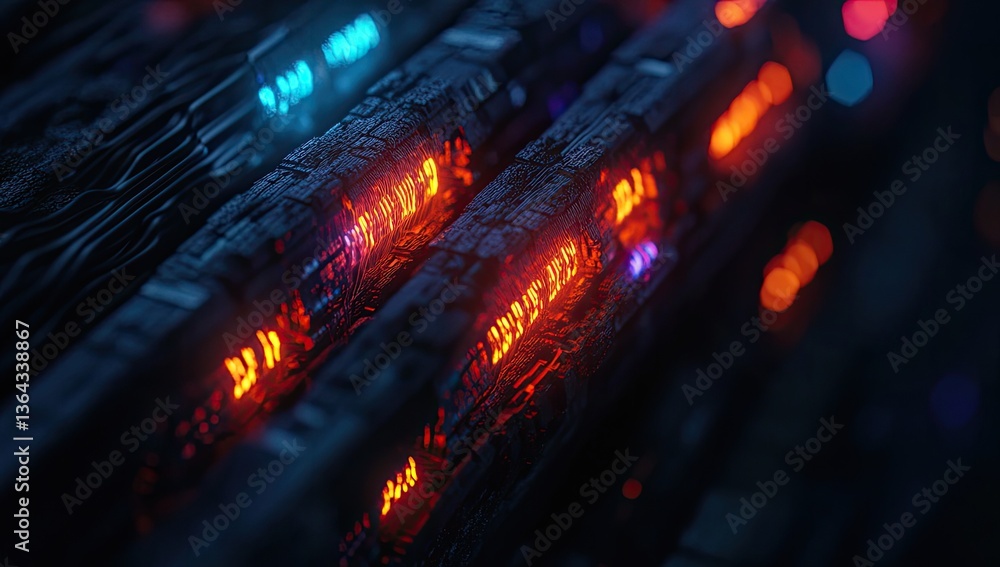 Poster abstract, glowing, dark technological components. rows of intricate, textured, dark blocks illuminat