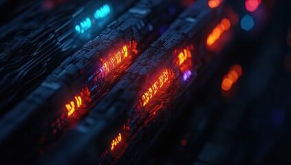 Abstract, glowing, dark technological components.  Rows of intricate, textured, dark blocks illuminated by vibrant neon lights.  Data streams or code sequences are visible within the glowing sections