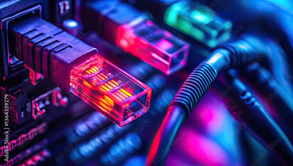 Poster close-up of network cables and connectors. colorful glowing network jacks connected to a server