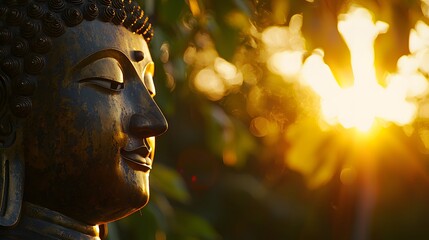 Serene Buddha Statue Surrounded by Nature with Soft Sunrise Glow