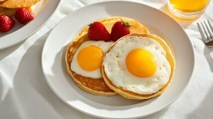 Pancakes with Eggs and Strawberries - Breakfast Delight