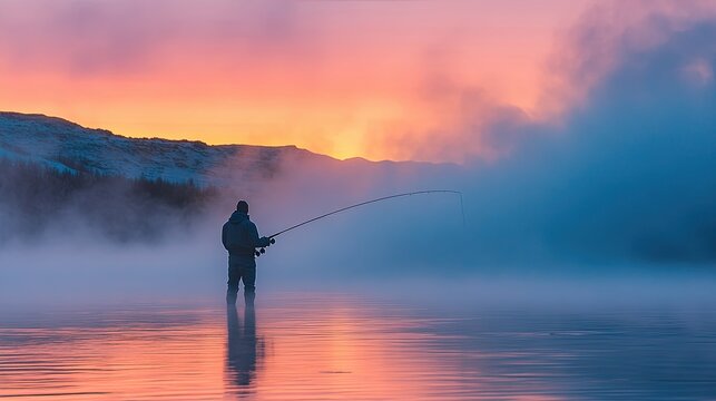 A solitary angler fishing at dawn in a tranquil misty environment