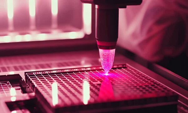 High-tech laboratory scene showcasing a laser device focusing on a microplate with vibrant colors