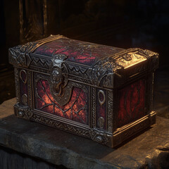 Old wooden chest with jewelry and antique lock, a vintage treasure box with gold, isolated on a brown background, representing a retro pirate casket, wooden case for decoration