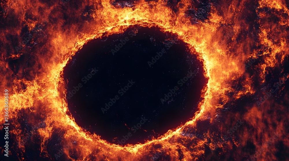 Poster enigmatic black hole centered within a fiery background creating a striking visual contrast of darkn