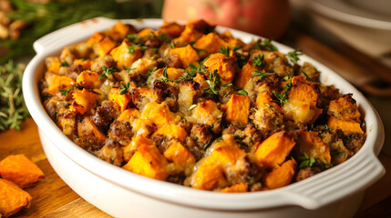 Stuffing made with sweet potatoes and spices for a comforting Thanksgiving dish.