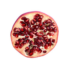 Half juice pomegranate fruit with vibrant red seeds isolated on transparent background.