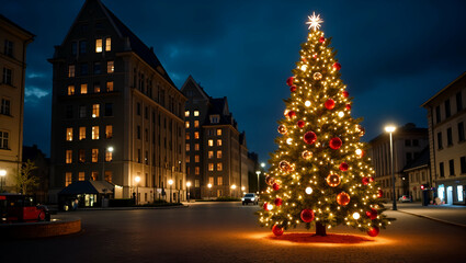 Festive Urban Charm: Christmas Tree Adorned with Lights and Ornaments Amidst Construction Site - A Unique Blend of Holiday Spirit and Urban Development in Photo Stock