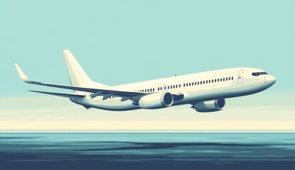 Obraz premium A flat design illustration of an airplane taking off, side view, against the backdrop of sea and sky. 