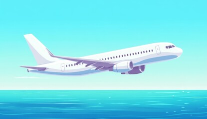 Naklejka premium A flat design illustration of an airplane taking off, side view, against the backdrop of sea and sky. The plane is in full color with detailed textures on its wings, engines.
