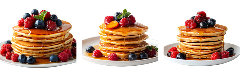 A stack of golden brown pancakes drizzled with maple syrup and topped with fresh berries, set against a transparant background.