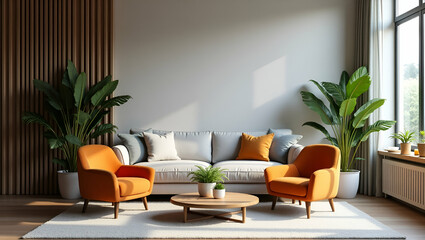 Modern Living Room Setup: Stylish Chairs, Comfortable Sofa, and Small Plant Pots - A Contemporary Interior Design Concept with Empty Space for Your Creative Touch