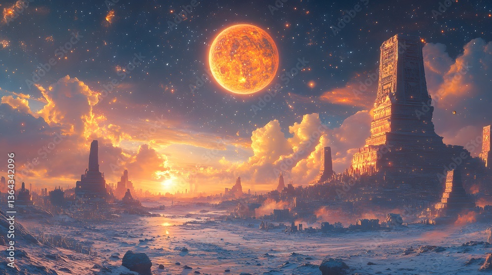 Aufkleber enchanting city floating in the sky with glimmering lights and surreal architecture against a vibran