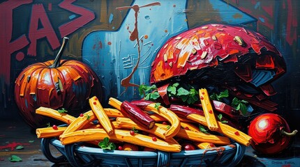 Artistic still life of hamburger fries and pumpkin painting